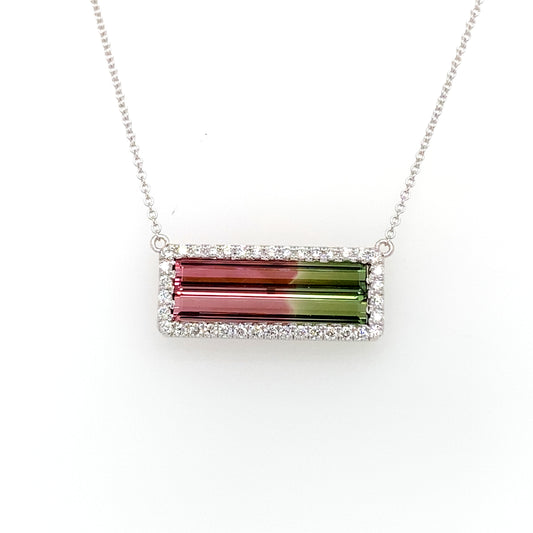 Lady's Two-Tone 18 Karat Bar Necklace Length 18 With 2 3.14Tw Emerald Watermelon Tourmalines And 38 0.45Tw Round G/H Si2 Diamonds