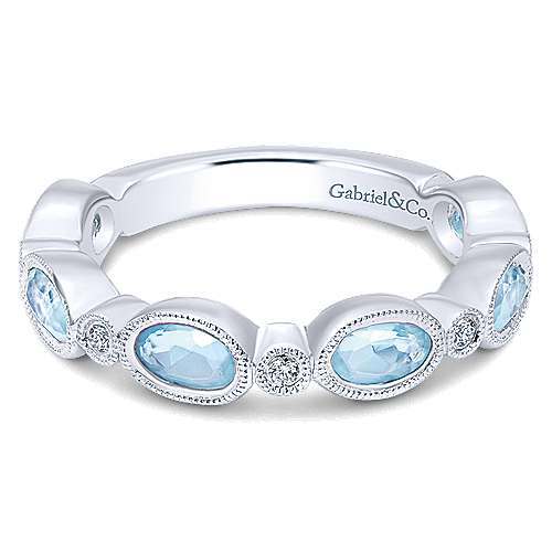 14k White Gold Oval Sky Blue Topaz & Diamond Stackable Ring