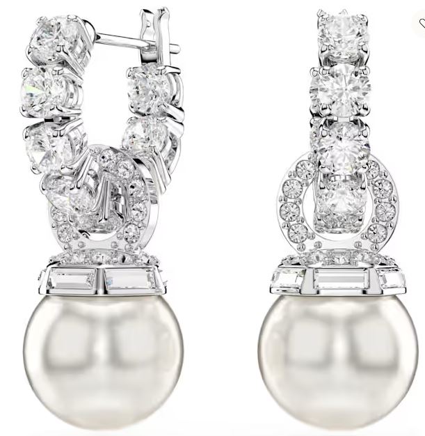 Matrix drop earrings Crystal pearl, Round cut, White, Rhodium plated