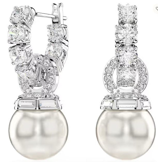 Matrix drop earrings Crystal pearl, Round cut, White, Rhodium plated