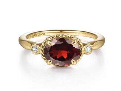14K Yellow Gold Twisted Oval Garnet and Diamond Ring