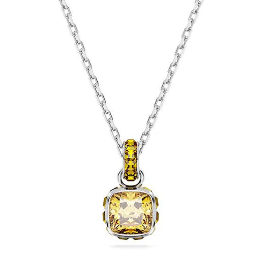 Birthstone pendant Square cut, November, Yellow, Rhodium plated