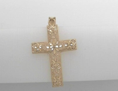 Preowned 14K Yellow Diamond Cut Puffed Cross Pendant