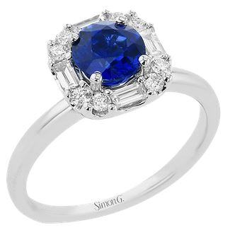 Lady's White 18 Karat Halo Fashion Ring Size 6.5 With One = 0.96Ct Round Sapphire, 8 = 0.16Tw Round G Vs1 Diamonds And 0.24 Twt Other Stones