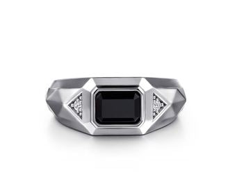 Wide 925 Sterling Silver Faceted Mens Ring with Onyx and White Sapphire in High Polished Finish