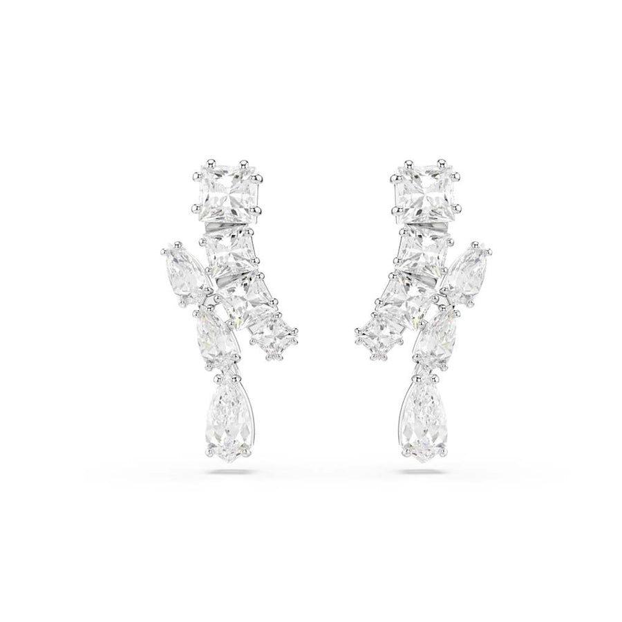 Matrix drop earrings Mixed cuts, White, Rhodium plated