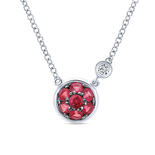 925 Sterling Silver Ruby Cluster And Diamond Pendant Necklace