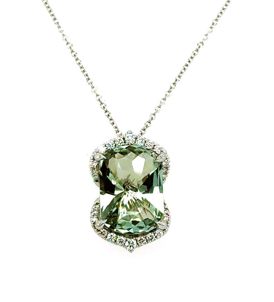 Pendant, 18KW, 14x10, Green Amethyst, Cushion