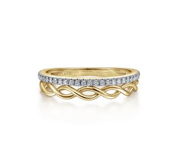 14K Yellow Gold Braided Metal and Diamond Row Ring