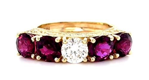 0.67ct Diamond 3.65ct Rubies 14KY Hand Engraved Ring