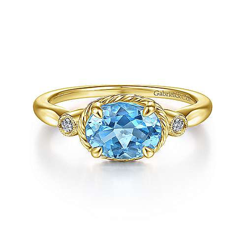 14K Yellow Gold Twisted Oval Swiss Blue Topaz and Diamond Ring