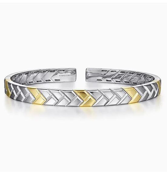 Sterling Silver and 14K Yellow Gold Open Herringbone Cuff Bangle