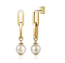 14K Yellow Gold Pearl Stud Drop Link Earrings