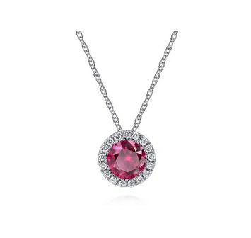 14K White Gold Ruby and Diamond Halo Pendant Necklace