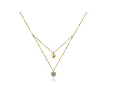 14K Yellow Gold Diamond Double Heart Pendant Necklace