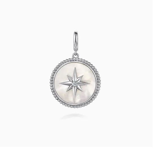 925 Sterling Silver Bujukan White Sapphire And Mother Of Pearl Round Starburst Medallion Pendant
