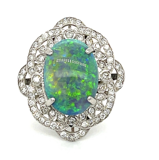 6.39ct Australian Black Opal & 0.87ctw Diamond PT 9.65gr Ring Size 5.50