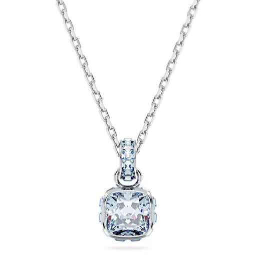 Birthstone pendant Square cut, March, Blue, Rhodium plated