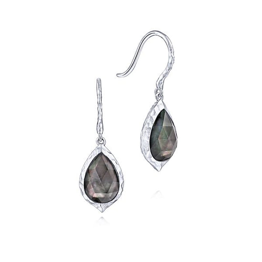 925 Sterling Silver Hammered Pear Shaped Rock Crystal/black Mother Of Pearl Drop Earrings