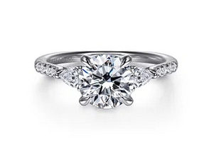 14K White Gold Round Three Stone Lotus Diamond Engagement Ring