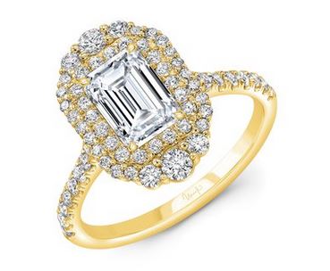 14K Yellow Uneek Petals Collection Double-Halo Emerald Cut Engagement Ring