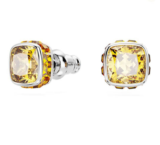 Birthstone stud earrings Square cut, November, Yellow, Rhodium plated