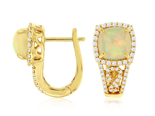 Lady's Yellow 14 Karat Button Earrings With 2 = 1.80Tw Oval Opals And = 0.45Tw Round H/I Si2 Diamonds