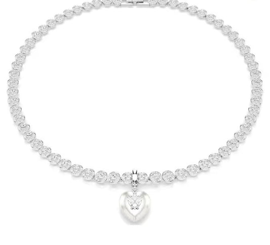 Mixed cuts, Pearl-colored coating, Heart, White, Rhodium plated