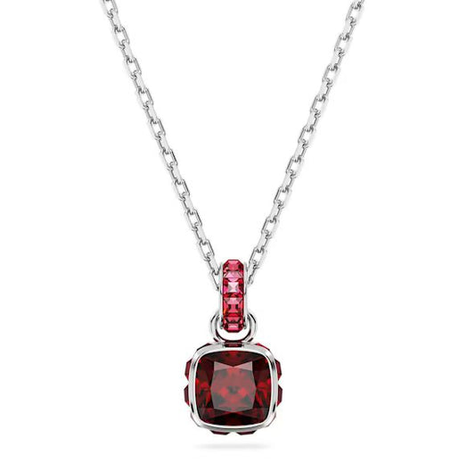 Birthstone pendant Square cut, January, Red, Rhodium plated
