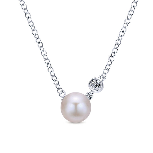 925 Sterling Silver Cultured Pearl and Diamond Pendant Necklace