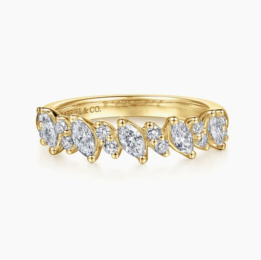 14K Yellow Gold Prong Set Marquise and Round Diamond Anniversary Band