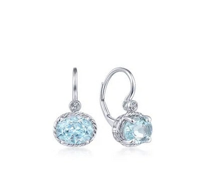 14K White Gold Oval Aquamarine and Diamond Leverback Earrings