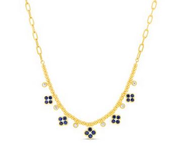 Lady's Yellow 18 Karat Station Necklace With 20 = 1.18Tw Round Sapphires And 11 = 0.24Tw Round G/H Si2 Diamonds