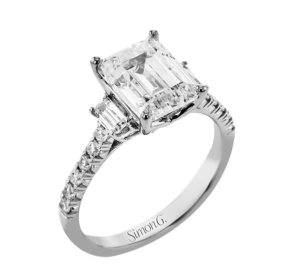 Lady's White 18 Karat 3 Stone Engagement Ring Size 6.5 With 0.22Tw Round G/H Si2 Diamonds And 0.42Tw Emerald G/H Si2 Diamonds