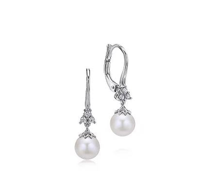 14k White Gold Cultured Pearl Diamond Drop Earrings - 0.14 ct