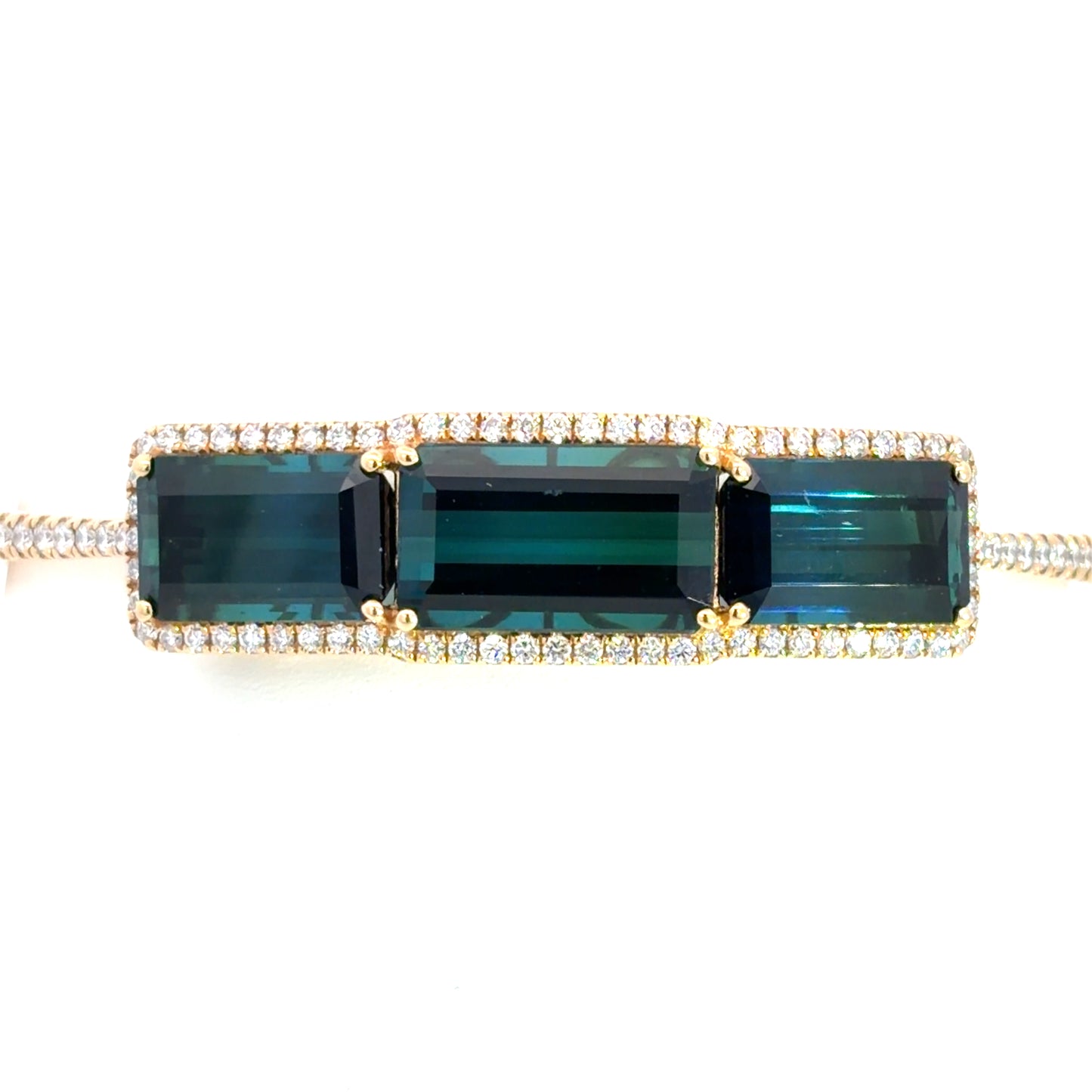 Lady's Yellow 18 Karat Bangle Bracelet With 3 = 19.69Twt Emerald Tourmalines And 90 = 1.29Twt Round H Si1 Diamonds