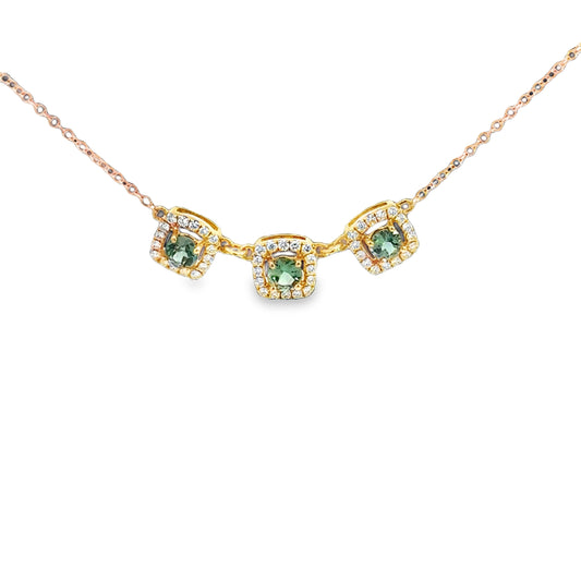 Lady's Yellow 14 Karat Halo Necklace Length 18 With 3 = 0.57Tw Round Alexandrites And 48 = 0.25Tw Round H/I Si1 Diamonds