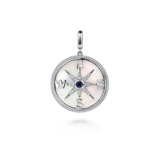 925 Sterling Silver 28mm Bujukan White Sapphire Compass & Mother of Pearl Medallion Pendant With Detachable Bail