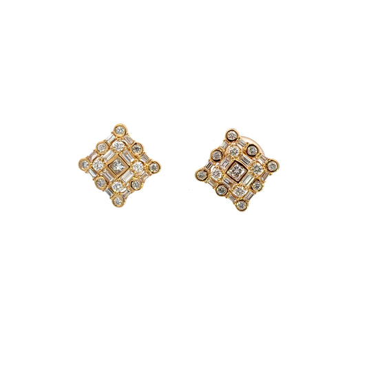 Lady's Yellow 18 Karat Stud Earrings With 24 = 0.24Twt Round G/H Si2 Diamonds, 24 = 0.20Twt Baguette G/H Si2 Diamonds And 0.09 Twt Other Stones