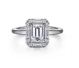 14k White Gold Art Deco Halo Emerald Cut Diamond Engagement Ring