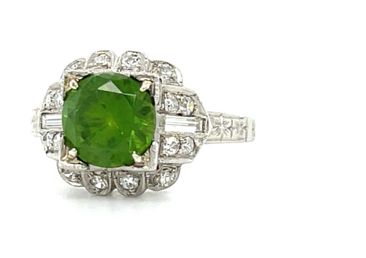 Art Deco (1920s) 1.86ct Russian Ural Mountains Demantoid Garnet .38ct Dia PT Antique Ring 6 Size 3.4gr AGL Cert 1098924