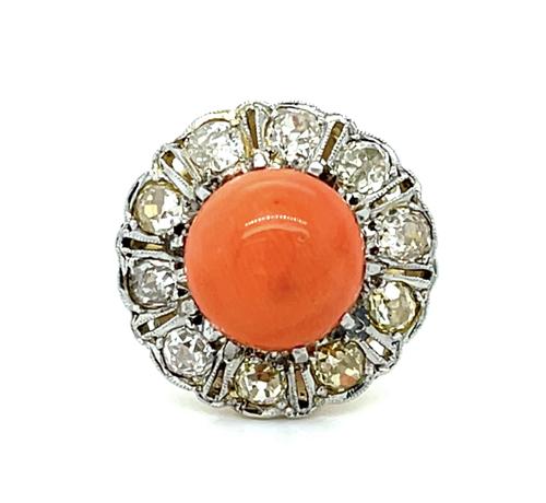 Original Edwardian 2.75ct Cabochon Salmon Coral 1.10ct Old Mine Diamond Platinum + 18KY Gold Ring