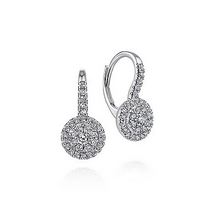 14K White Gold Round Diamond Cluster Leverback Earrings