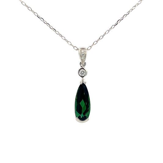 Lady's White 14 Karat Drop Pendants With One 1.97Ct Pear Tourmaline And 0.06Tw Round H/I Si2 Diamonds