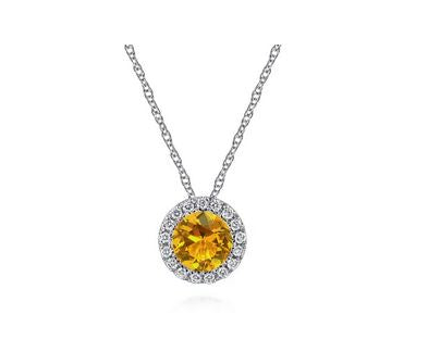 14K White Gold Round Citrine and Diamond Halo Pendant Necklace