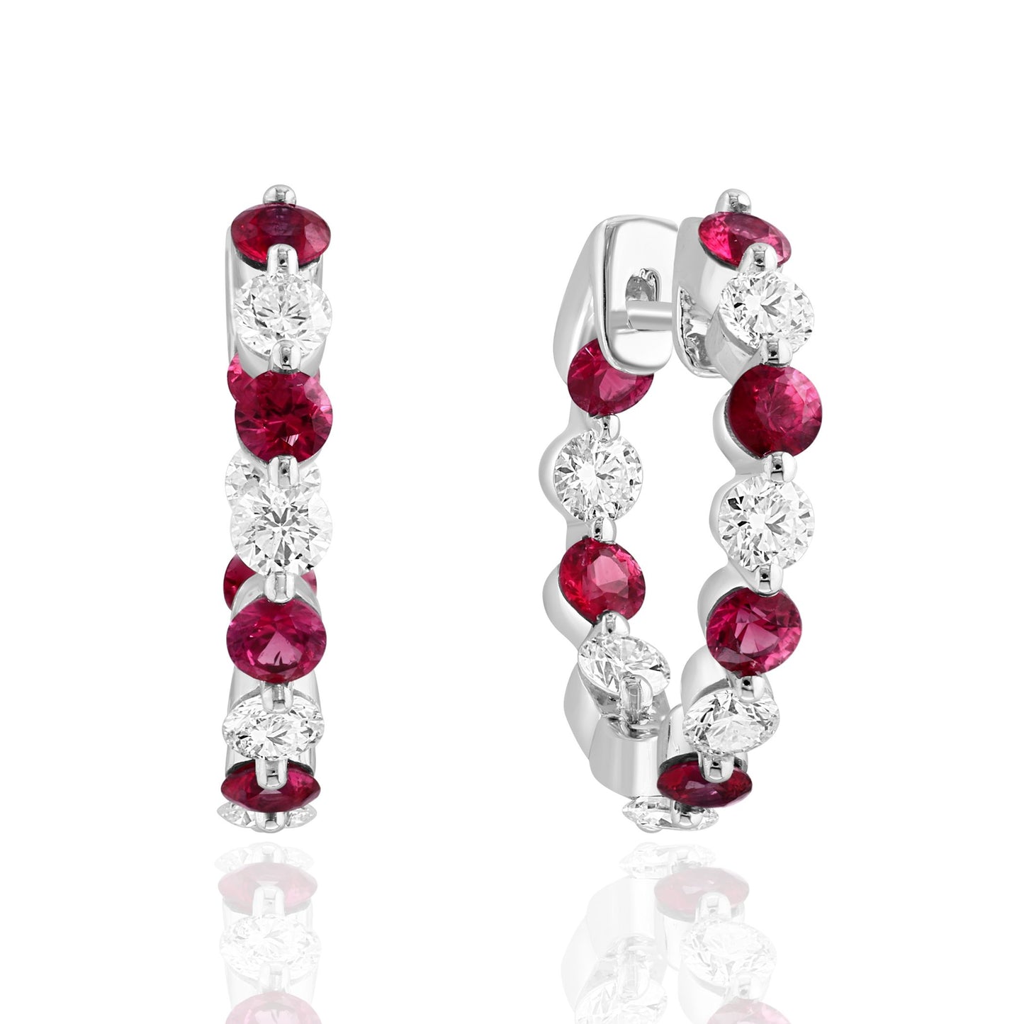 Lady's White 14 Karat Huggie Earrings With 12 = 1.14Tw Round Rubys And 12 = 1.07Tw Round Diamonds