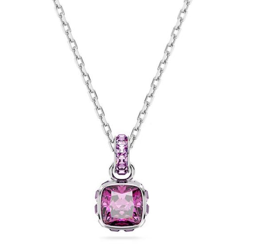 Birthstone pendant Square cut, February, Pink, Rhodium plated