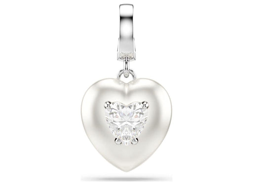 Mixed cuts, Pearl-colored coating, Heart, White, Rhodium plated