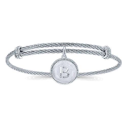 Adjustable Twisted Cable Stainless Steel Bangle With Sterling Silver B Initial Charm