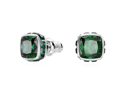 Birthstone stud earrings Square cut, May, Green, Rhodium plated